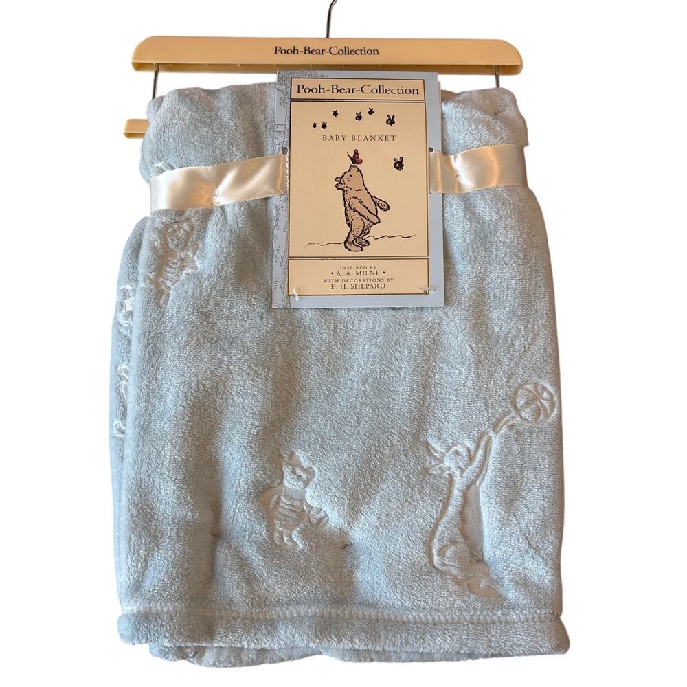 Winnie the Pooh Bear Collection Embossed sports Lovey Plush Baby Blanket Blue